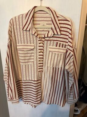 Umgee Cream and Burgundy Striped Button Pullover Blouse